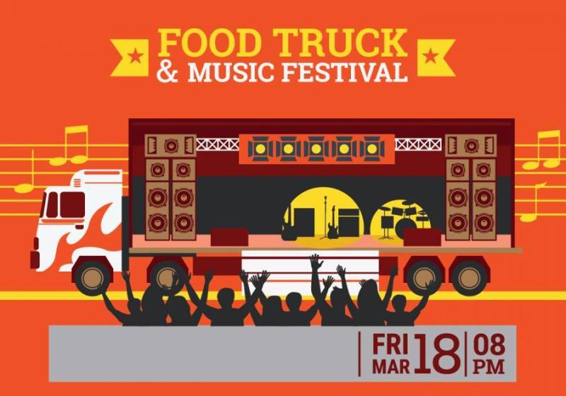 食物卡车和音乐节海报与美食，音乐会主题设计
