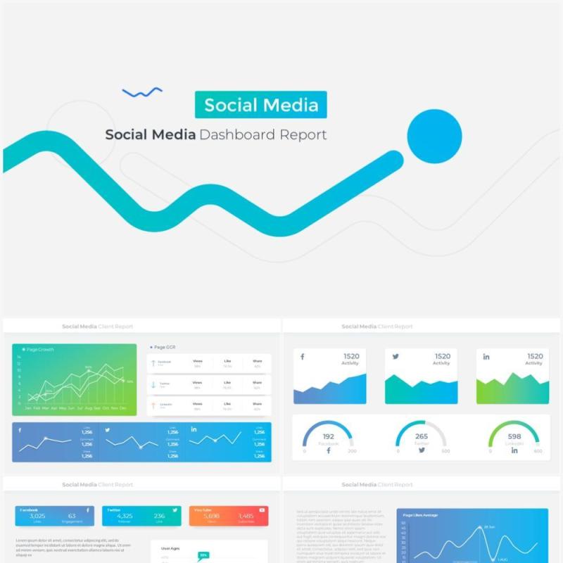 蓝色系社交媒体数据分析可视化仪表板PPT模板Social media Dashboard