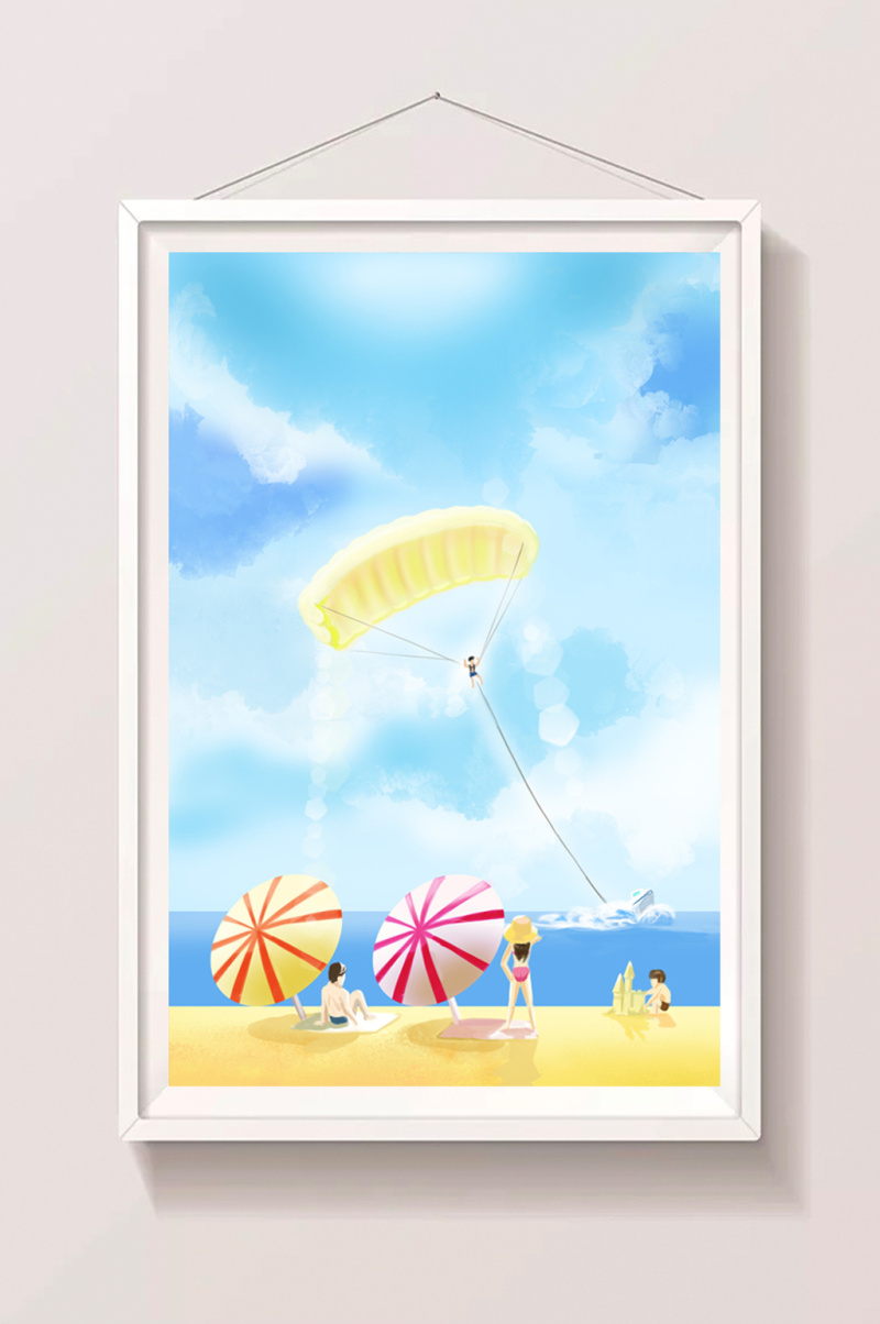 手绘色彩沙滩海滨度假插画