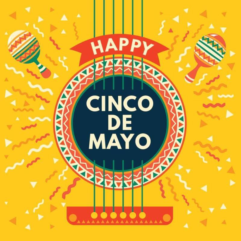 Cinco de Mayo墨西哥贺卡与声学吉他和马拉卡斯背景