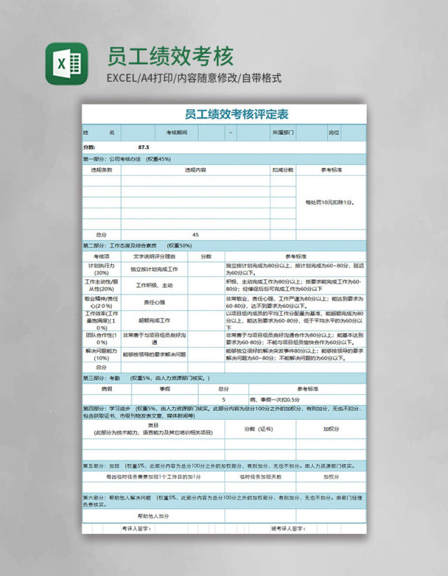 员工绩效考核表Excel模板 员工绩效考核表Excel模板