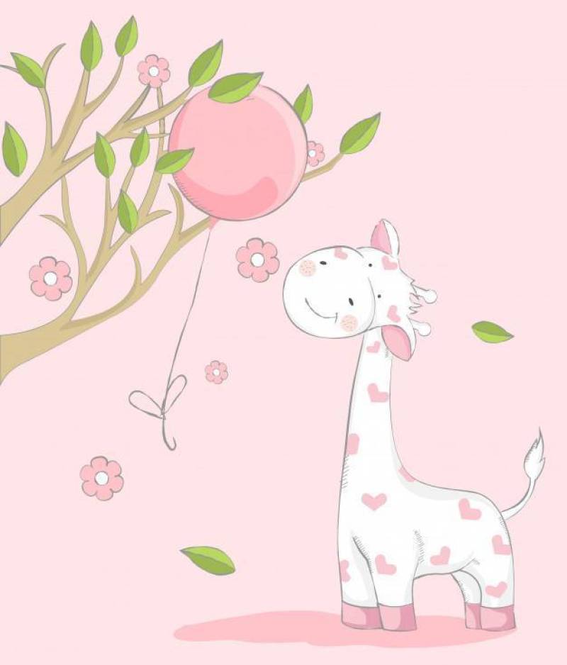 可爱的小宝贝长颈鹿与气球卡通手绘风格