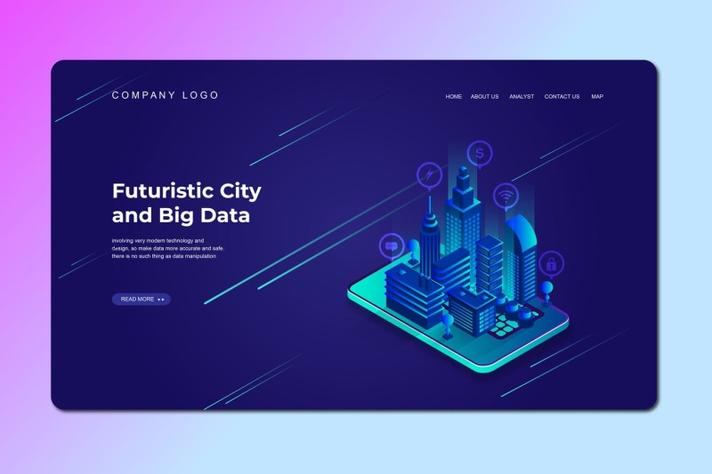 深蓝色2.5D插画等距登录页创意未来城市与大数据数字概念WEB网页界面模板设计AI矢量素材Isometric Landing Page