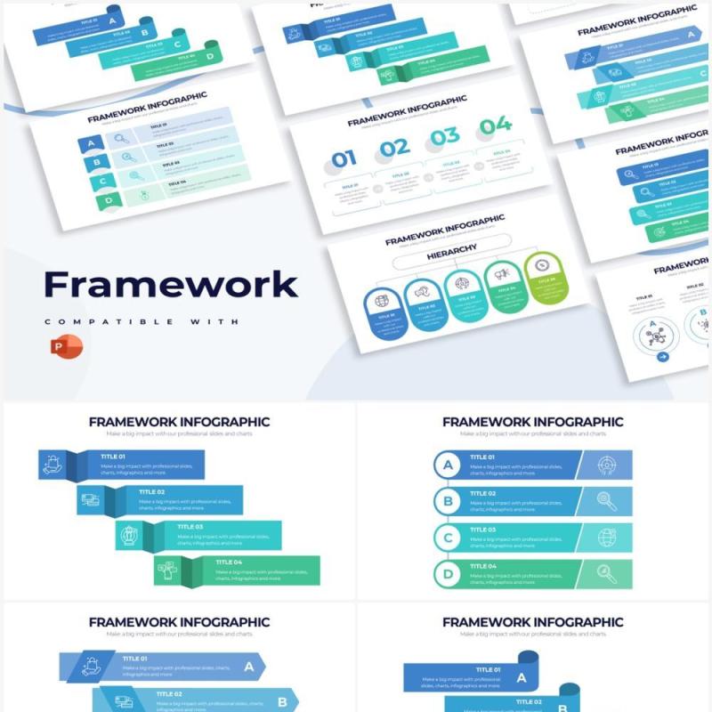 蓝绿色组织框架结构图PPT信息图形素材Framework Powerpoint Infographics