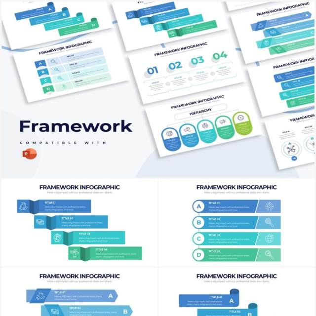 蓝绿色组织框架结构图PPT信息图形素材Framework Powerpoint Infographics