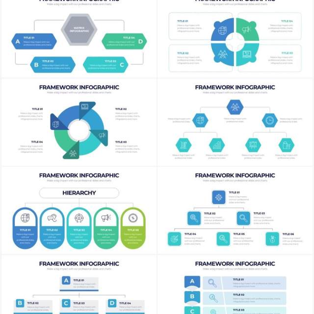 蓝绿色组织框架结构图PPT信息图形素材Framework Powerpoint Infographics