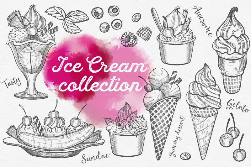 冰激凌手绘图案矢量素材Ice Cream Hand-Drawn Graphic