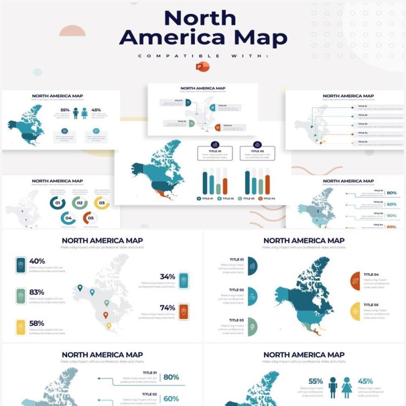 深色系北美地图PPT信息图形素材North America Map Powerpoint Infographics