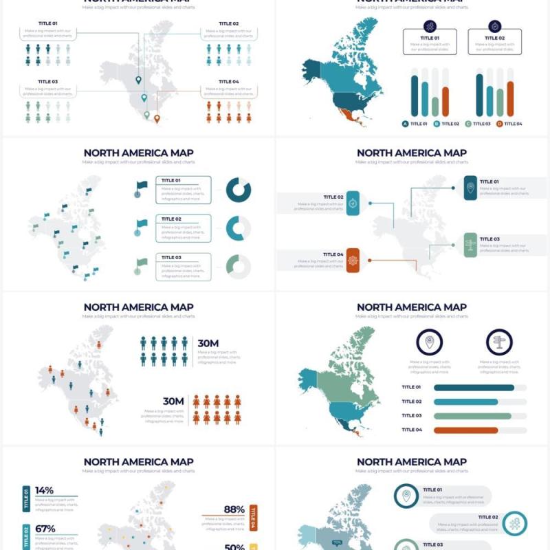 深色系北美地图PPT信息图形素材North America Map Powerpoint Infographics