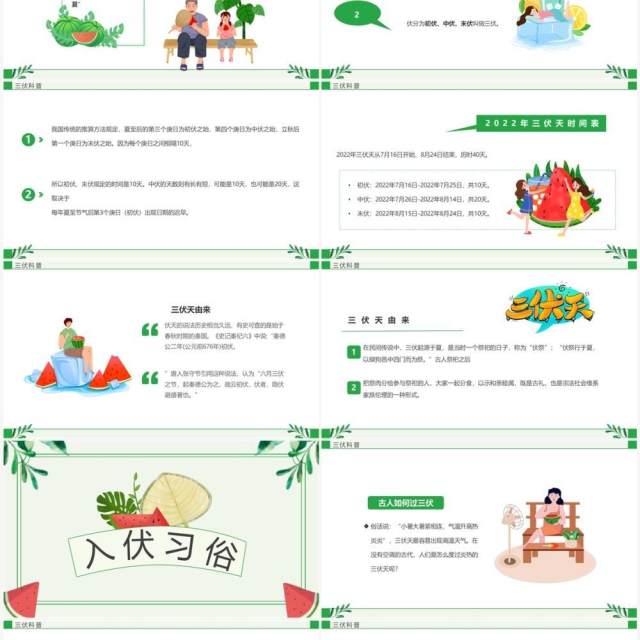 绿色卡通风三伏天科普介绍PPT模板 绿色卡通风三伏天科普介绍PPT模板