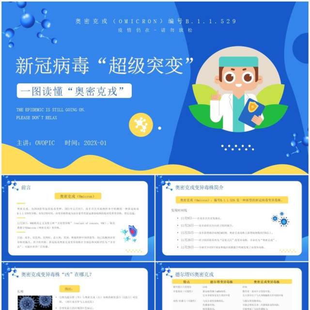蓝色卡通风新冠突变奥密克戎病毒知识讲解PPT模板 蓝色卡通风新冠突变奥密克戎病毒知识讲解PPT模板