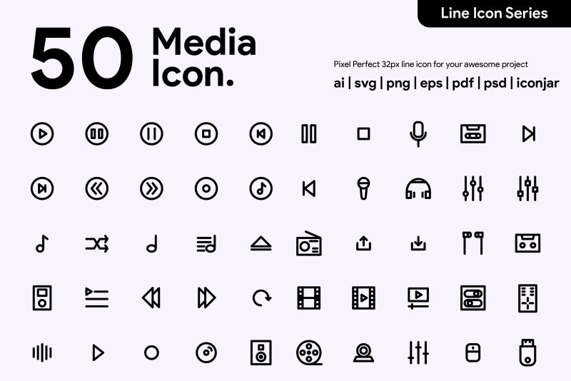 50个多媒体线性图标素材50 Multimedia Line Icon