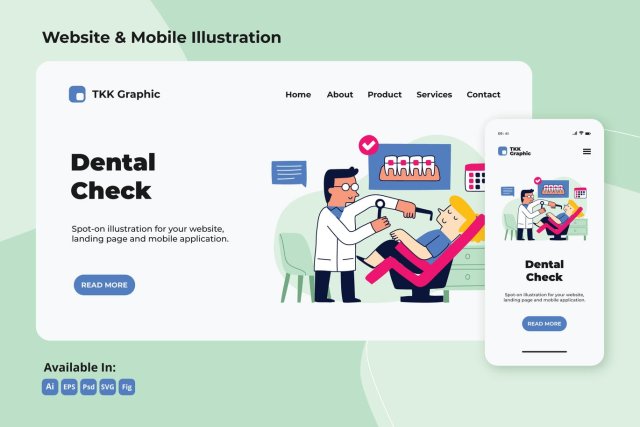定期牙科检查网络和手机界面设计矢量素材Regular Dental check up web and mobile