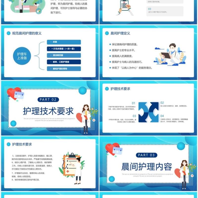 蓝色卡通风晨间护理查房PPT模板