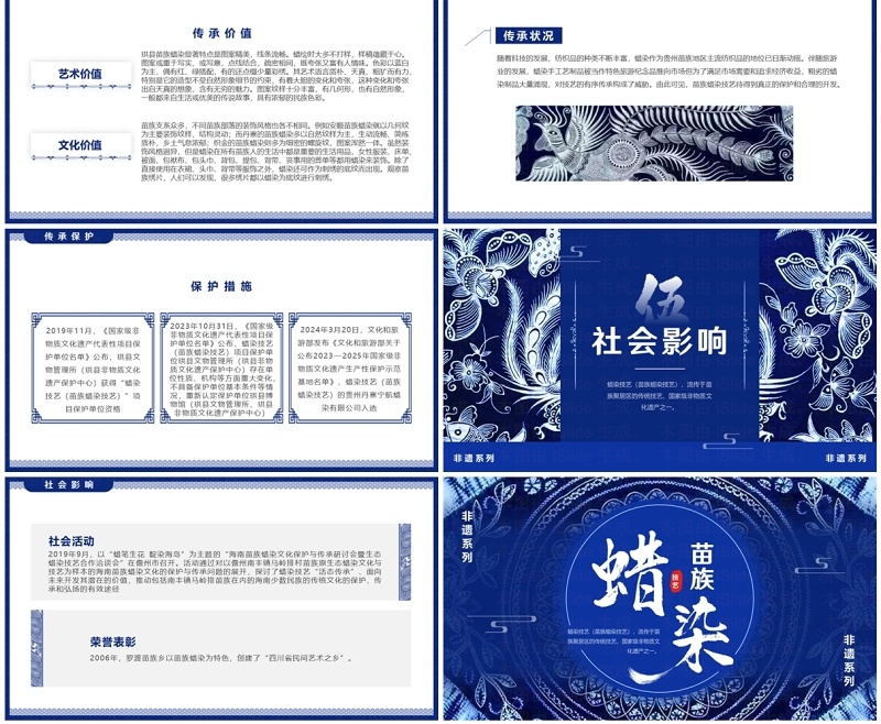 蓝色中国风非遗系列之苗族蜡染PPT模板