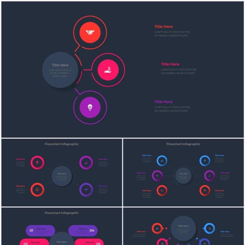 深色背景红色蓝色流程结构图目录摘要并列信息图表PPT素材 Infographic Red Blue