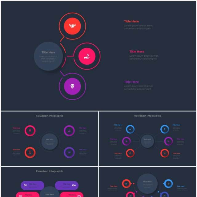 深色背景红色蓝色流程结构图目录摘要并列信息图表PPT素材 Infographic Red Blue