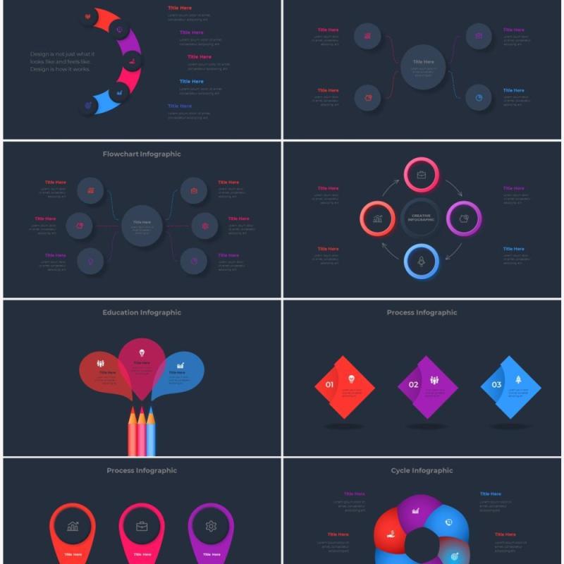 深色背景红色蓝色流程结构图目录摘要并列信息图表PPT素材 Infographic Red Blue