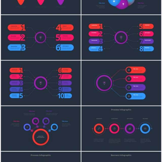 深色背景红色蓝色流程结构图目录摘要并列信息图表PPT素材 Infographic Red Blue