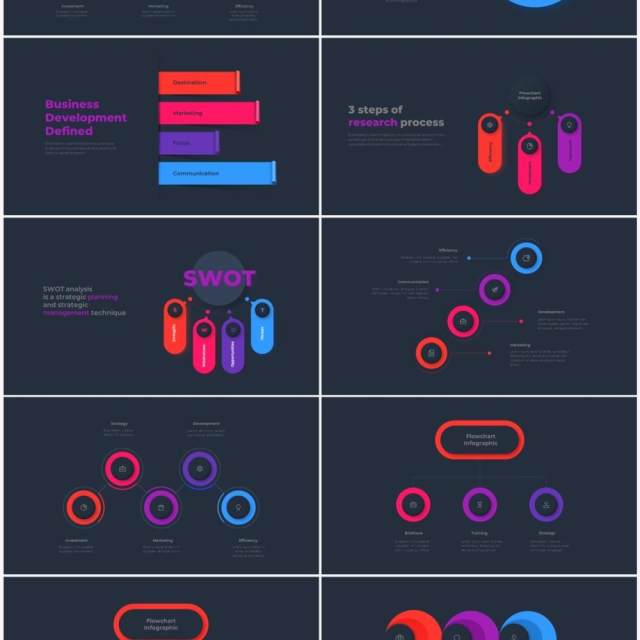 深色背景红色蓝色流程结构图目录摘要并列信息图表PPT素材 Infographic Red Blue