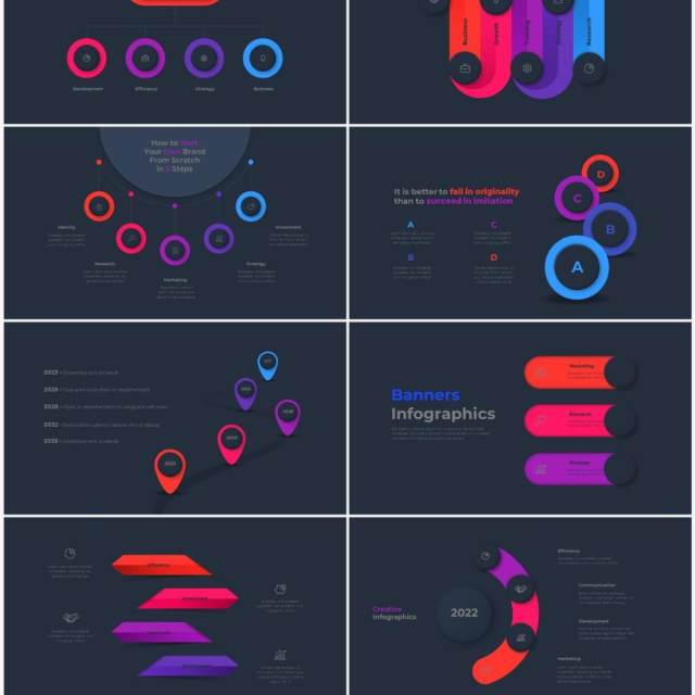 深色背景红色蓝色流程结构图目录摘要并列信息图表PPT素材 Infographic Red Blue