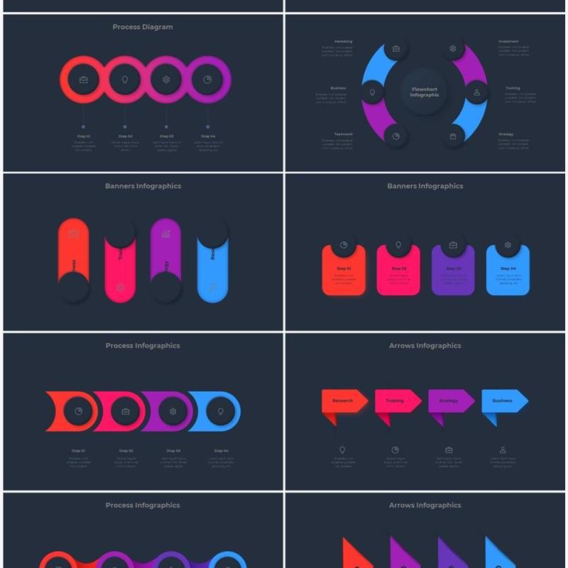 深色背景红色蓝色流程结构图目录摘要并列信息图表PPT素材 Infographic Red Blue