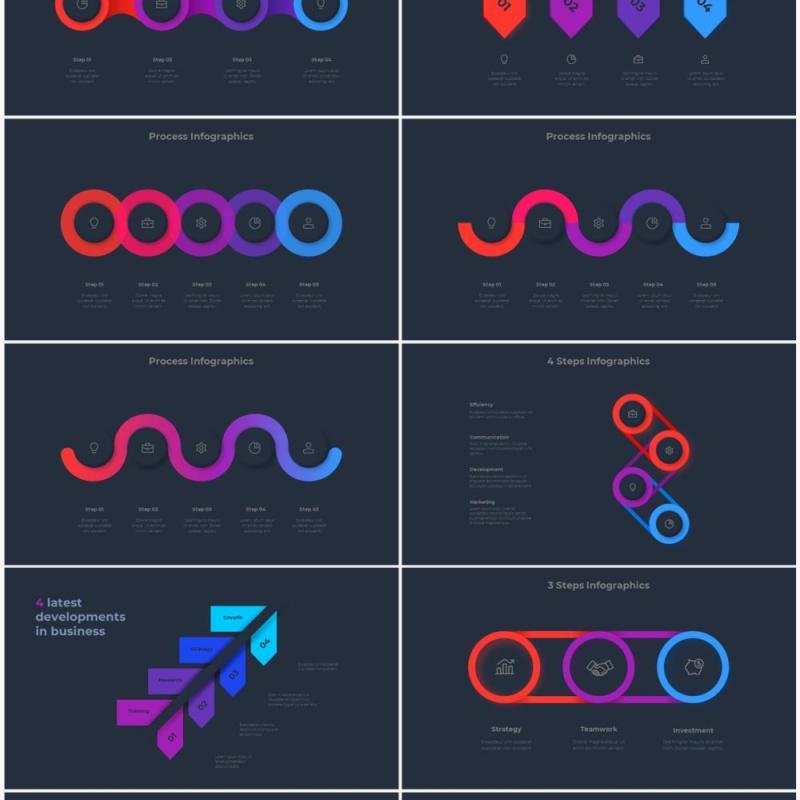 深色背景红色蓝色流程结构图目录摘要并列信息图表PPT素材 Infographic Red Blue