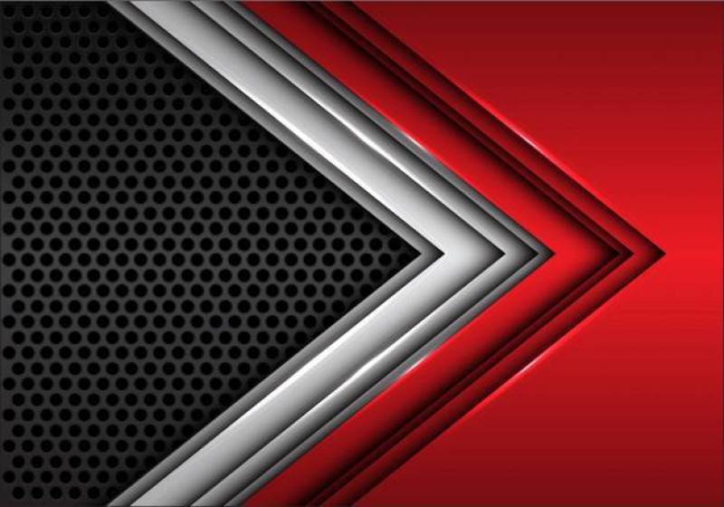 抽象的红色银箭头上暗灰色的圆圈网格未来派背景。