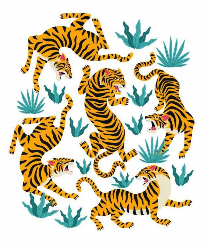 Vector set of tigers and tropical leaves