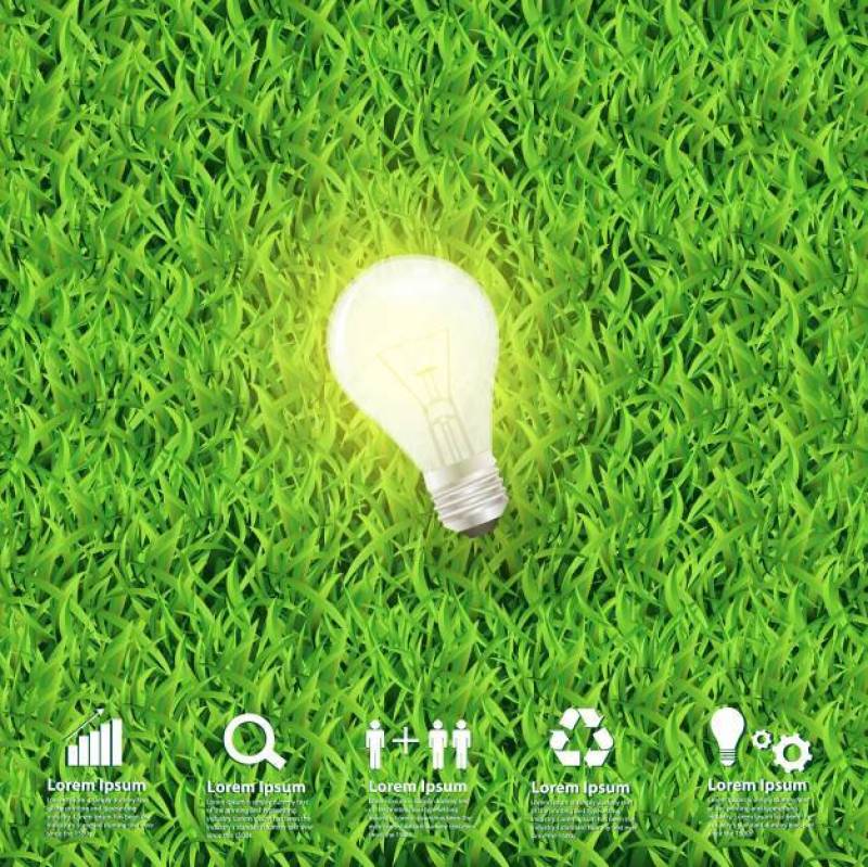Vector glowing light bulb on grass ecological energy