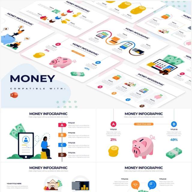 创意人物插画银行金融信息服务PPT图形素材Money Powerpoint Infographics