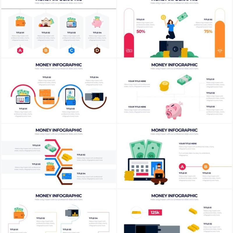 创意人物插画银行金融信息服务PPT图形素材Money Powerpoint Infographics