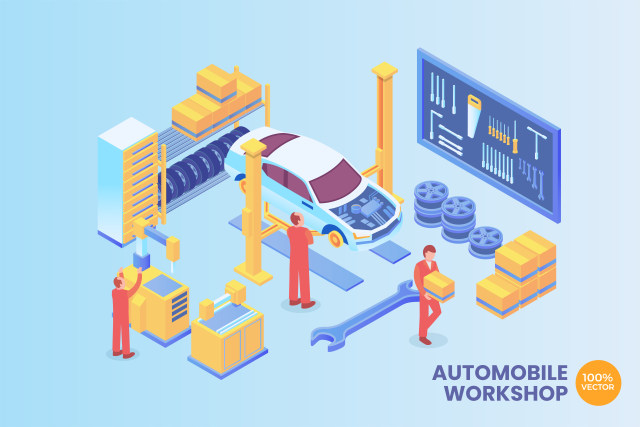 2.5D等距汽车车间插画矢量AI素材场景概念创意Isometric Automobile Workshop Vector Concept 2.5D等距汽车车间插画矢量AI素材场景概念创意Isometric Automobile Workshop Vector Concept