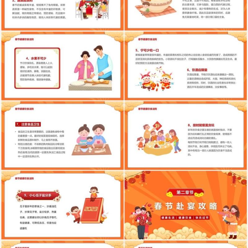 橙色卡通风春节健康饮食搭配PPT模板