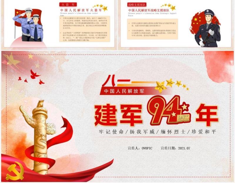 党政风中国人民解放军建军94周年纪念日教育宣传PPT模板