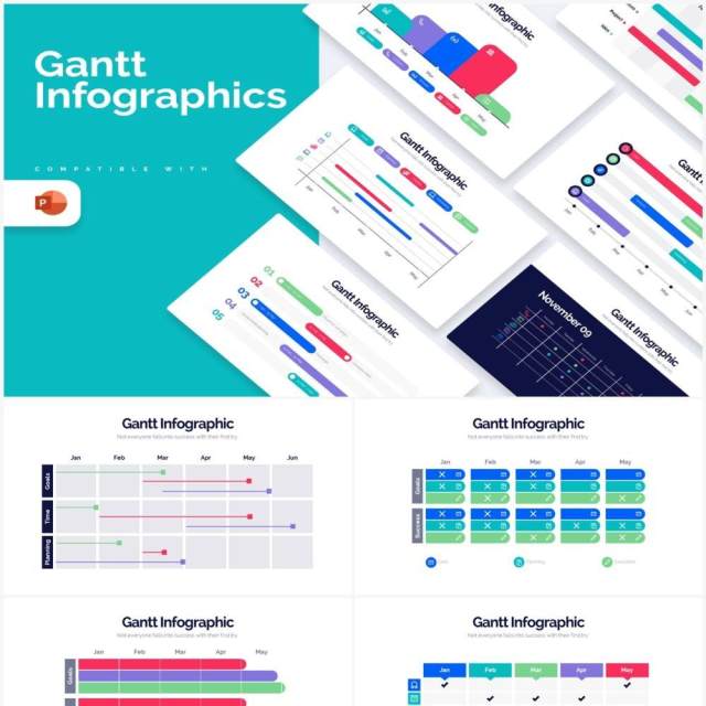 国外多彩甘特图信息图形PPT素材Gantt Powerpoint Infographics 国外多彩甘特图信息图形PPT素材Gantt Powerpoint Infographics