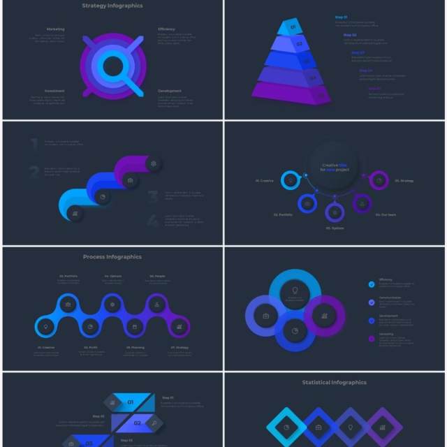 深色背景蓝色流程结构图目录摘要并列信息图表PPT素材Infographic Blue