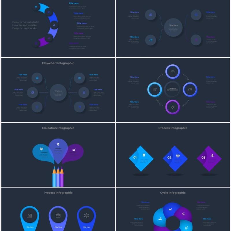 深色背景蓝色流程结构图目录摘要并列信息图表PPT素材Infographic Blue