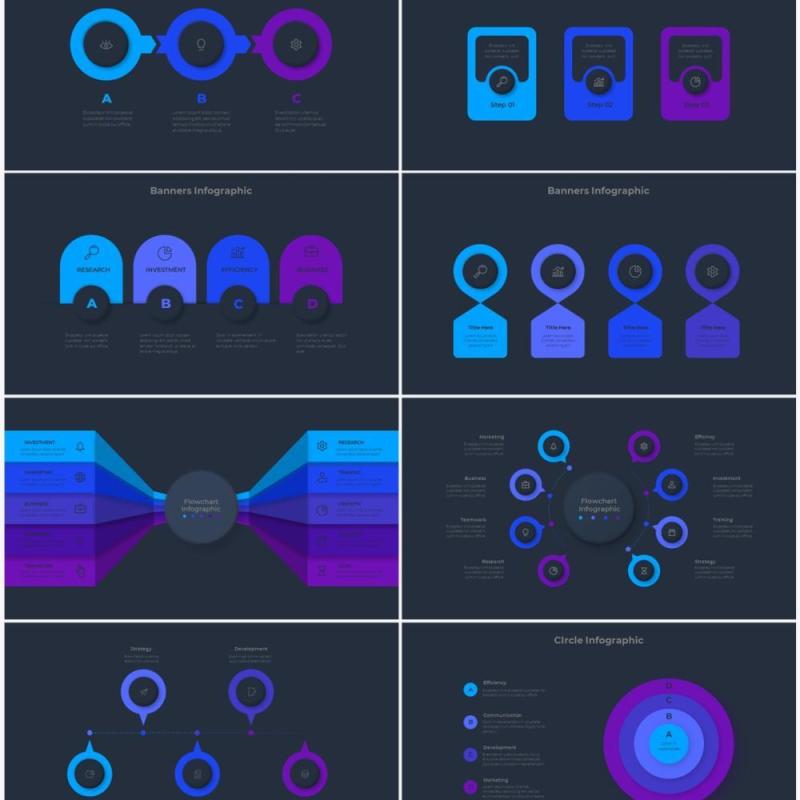 深色背景蓝色流程结构图目录摘要并列信息图表PPT素材Infographic Blue