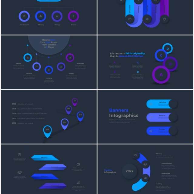 深色背景蓝色流程结构图目录摘要并列信息图表PPT素材Infographic Blue