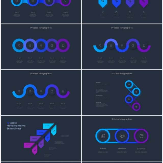 深色背景蓝色流程结构图目录摘要并列信息图表PPT素材Infographic Blue