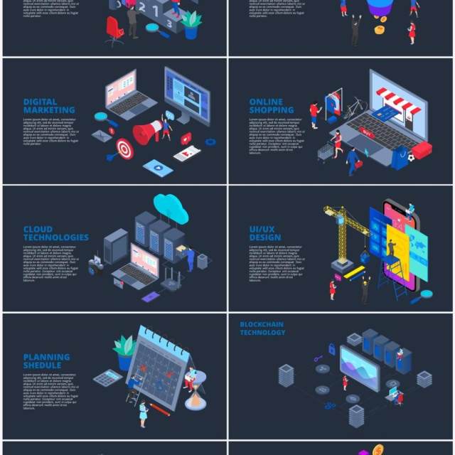 深色背景立体等轴商业商务人物插画PPT元素信息图表Isometric