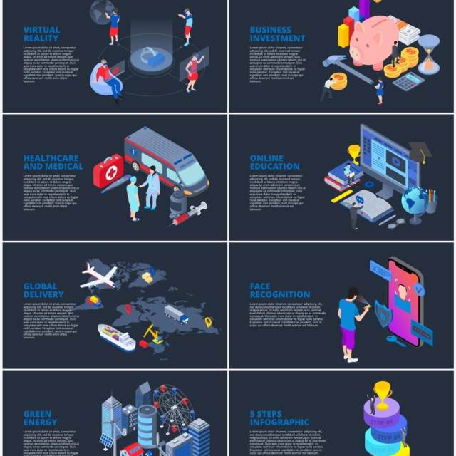 深色背景立体等轴商业商务人物插画PPT元素信息图表Isometric 深色背景立体等轴商业商务人物插画PPT元素信息图表Isometric