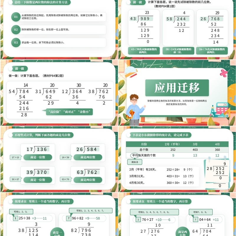 绿色卡通风除数是两位数的除法PPT模板