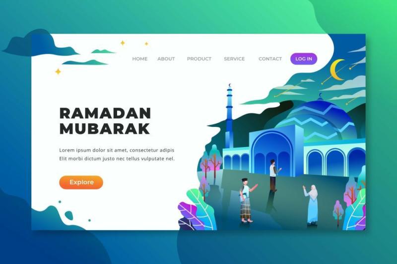 斋月穆巴拉克psd和ai矢量登陆页UI界面插画设计ramadan mubarak psd and ai vector landing page