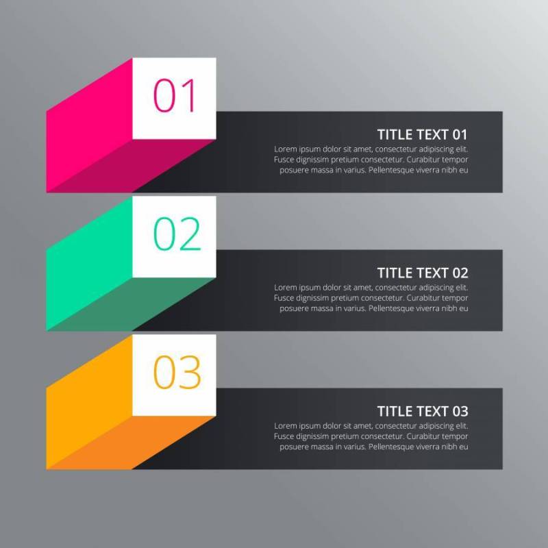三个步骤的信息图表设计与3d风格的不同颜色