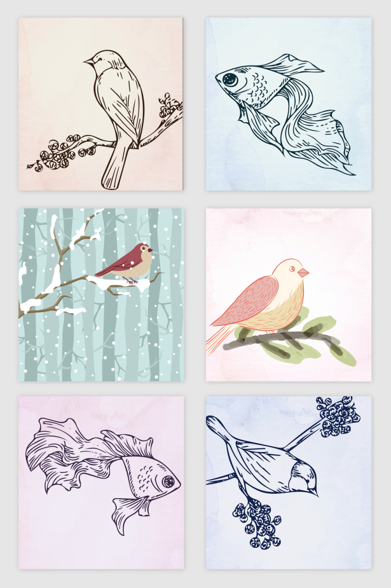 手绘站在插枝上的小鸟矢量素材