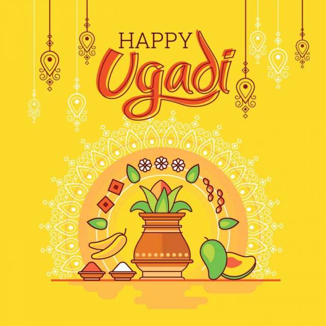 快乐的Ugadi。模板贺卡传统的节日印度食品。极简主义风格