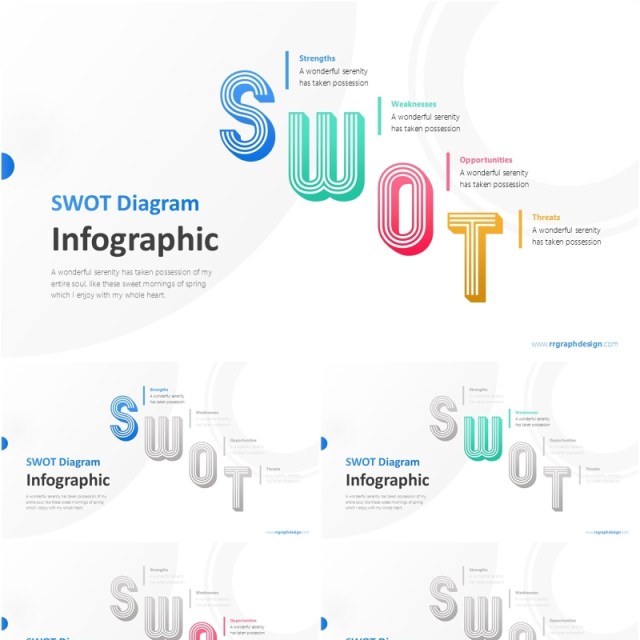 用于商业分析信息图彩色SWOT图和排版PPT模板素材Colorful SWOT Diagram with Typography Model for Business Analysis