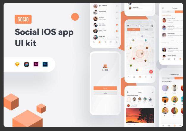 社交网站IOS移动应用程序用户界面工具包Socio social IOS app ui kit 社交网站IOS移动应用程序用户界面工具包Socio social IOS app ui kit